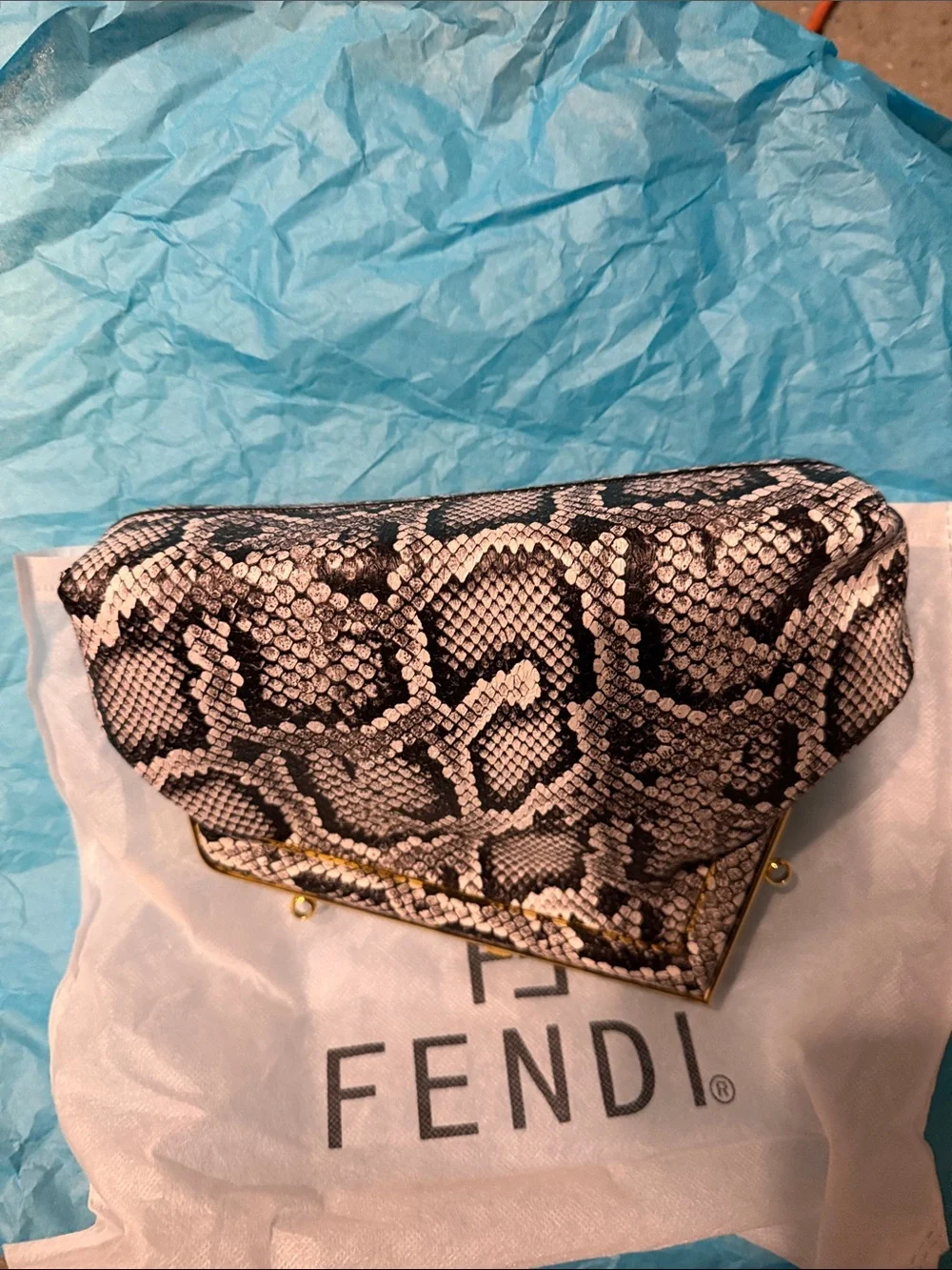 Fendi Black & Cream Python-Print Frame Clutch